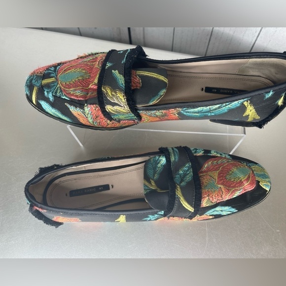 ZARA BASIC Black Orange Green Blue Floral Brocade fabric Fringe Loafers 41 - Picture 3 of 8